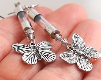 Antique Fuse Glass Tube Earrings, Silver Butterfly, Wearable Tech Upcycled Recycled Electronic Computer Part, Techie