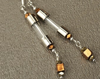 ON VACATION, Antique Fuse Glass Tube Earrings, Copper Hematite Cube Wearable Tech Upcycled Recycled Electronic Computer Part, Techie