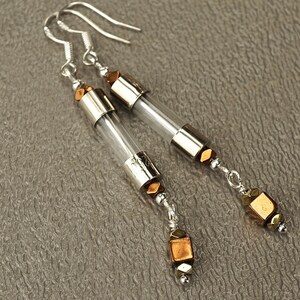 ON VACATION, Antique Fuse Glass Tube Earrings, Copper Hematite Cube Wearable Tech Upcycled Recycled Electronic Computer Part, Techie image 1