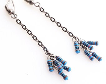 Tiny Blue Resistor Cluster Earrings Long Black Gunmetal Chain Wearable Tech Recycled Electronic Computer Part Techie