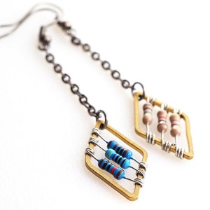 Diamond Geometric Earrings, Petite Blue Resistor Electronic Black Gunmetal Chain, Wearable Tech Computer Techie Jewelry