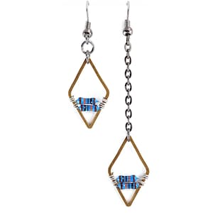 Diamond Geometric Earrings, Petite Blue Resistor Electronic Black Gunmetal Chain, Wearable Tech Computer Techie Jewelry