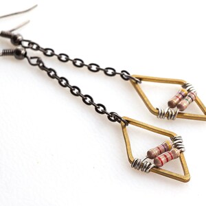 Diamond Geometric Earrings, Petite Beige Resistor Electronic Black Gunmetal Chain Wearable Tech Computer Techie Jewelry