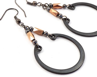 Big Geometric Steampunk Earrings, Black Gunmetal Washer Faceted Copper Glass Wearable Tech Upcycled Recycled Electronic