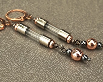 Antique Fuse Glass Tube Earrings, Rose Gold Hematite, Wearable Tech Upcycled Recycled Electronic Computer Part, Techie