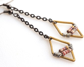 Diamond Geometric Earrings, Petite Beige Resistor Electronic Black Gunmetal Chain Wearable Tech Computer Techie Jewelry