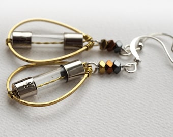 ON VACATION, Antique Fuse Glass Tube Earrings, Thin Teardrop Brass Frame, Geometric Hematite, Wearable Tech Electronic Computer Part