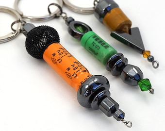 ON VACATION, Antique TESLA Resistor Keychain, Hematite, Large Unique Bright Wearable Tech Recycled Electronic Computer Technology