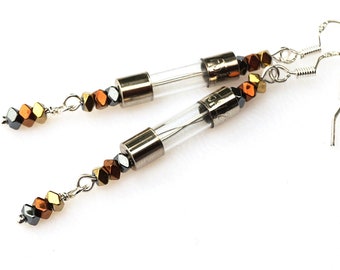 ON VACATION, Antique Fuse Glass Tube Earrings, Geometric Hematite, Wearable Tech Upcycled Recycled Electronic Computer Part, Techie