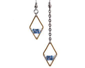 Diamond Geometric Earrings, Petite Blue Resistor Electronic Black Gunmetal Chain, Wearable Tech Computer Techie Jewelry