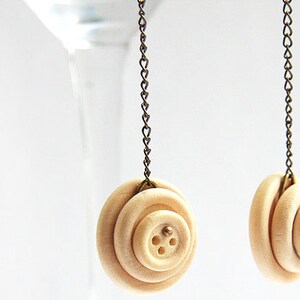 ON VACATION, Natural Wooden Button Earring Long Gunmetal Chain Boho Fashion Bohemian Style unique eco friendly gift Steampunk