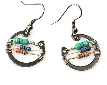 ON VACATION, Unique colorful Resistor Earrings Small Black Washer Steampunk Wearable Tech Upcycled Recycled Electronic