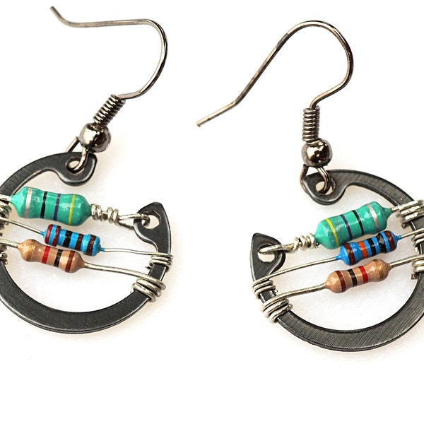 ON VACATION, Unique colorful Resistor Earrings Small Black Washer Steampunk Wearable Tech Upcycled Recycled Electronic