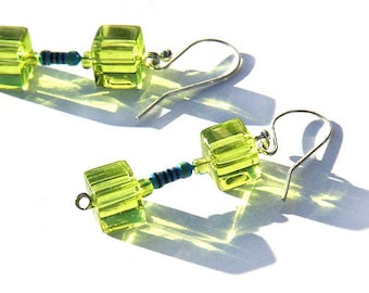 ON VACATION, Green chartreuse Glass Cube Earrings Tiny Blue Resistor Wearable Tech Computer Upcycled Electro unique eco friendly