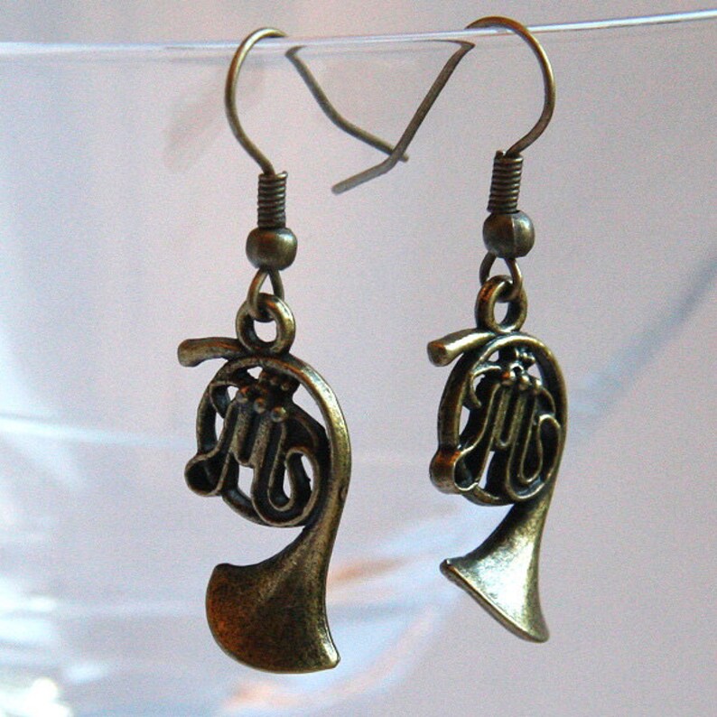 ON VACATION, Music Gift Music Earrings Steampunk Antique Brass French horn Jazz Band Orchestra gift for musician school friend image 4