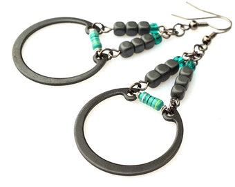 ON VACATION, Teal Green Resistor Earrings Geometric Hematite Cubes Black Washer Steampunk Wearable Tech Upcycled Recycled Electronic