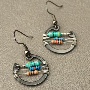 ON VACATION, Unique colorful Resistor Earrings Small Black Washer Steampunk Wearable Tech Upcycled Recycled Electronic image 5