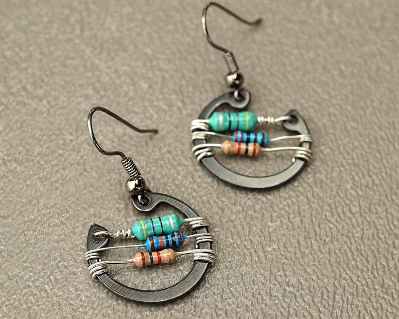 ON VACATION, Unique colorful Resistor Earrings Small Black Washer Steampunk Wearable Tech Upcycled Recycled Electronic image 5