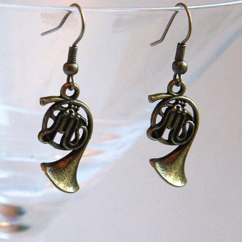 ON VACATION, Music Earrings Steampunk Silver French horn Music Gift for Teacher Musician Jazz Band Orchestra unique eco friendly zdjęcie 8