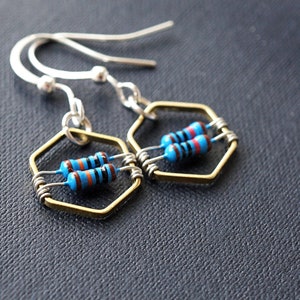 Hexagon Geometric Earrings Wearable Tech Computer Earrings Techie Jewelry Petite Blue Resistor Electronic Eco Friendly