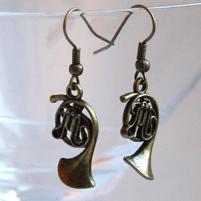 ON VACATION, Music Earrings Steampunk Silver French horn Music Gift for Teacher Musician Jazz Band Orchestra unique eco friendly zdjęcie 7
