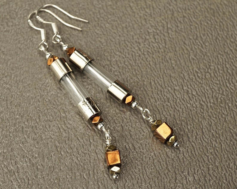 ON VACATION, Antique Fuse Glass Tube Earrings, Copper Hematite Cube Wearable Tech Upcycled Recycled Electronic Computer Part, Techie image 1