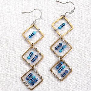 Geometric Computer Earrings Tiny Blue Resistors Wearable Tech Recycled Electronic Techie unique eco friendly image 2