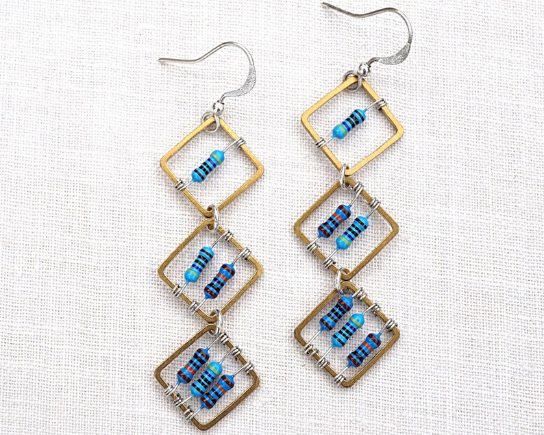 Geometric Computer Earrings Tiny Blue Resistors Wearable Tech Recycled Electronic Techie unique eco friendly image 2