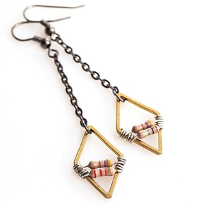 ON VACATION, Diamond Geometric Earrings, Petite Beige Resistor Electronic Black Gunmetal Chain Wearable Tech Computer Techie Jewelry image 5