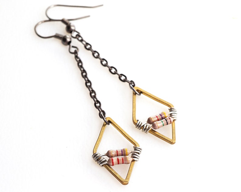 ON VACATION, Diamond Geometric Earrings, Petite Beige Resistor Electronic Black Gunmetal Chain Wearable Tech Computer Techie Jewelry image 5