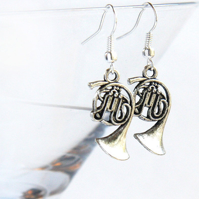 ON VACATION, Music Earrings Steampunk Silver French horn Music Gift for Teacher Musician Jazz Band Orchestra unique eco friendly zdjęcie 1