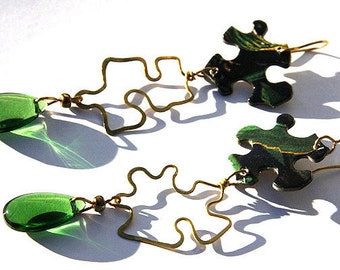 ON VACATION, Artisan Handmade Hammered Wire Earrings, Green Glass Drop, Sealed Jigsaw Puzzle piece, unique eco friendly