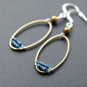 Oval Geometric Earrings, Petite Blue Resistor, Wearable Tech Upcycled Recycled Electronic Computer Part, Techie Jewelry