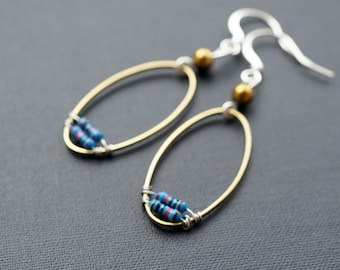 ON VACATION, Oval Geometric Earrings, Petite Blue Resistor, Wearable Tech Upcycled Recycled Electronic Computer Part, Techie Jewelry