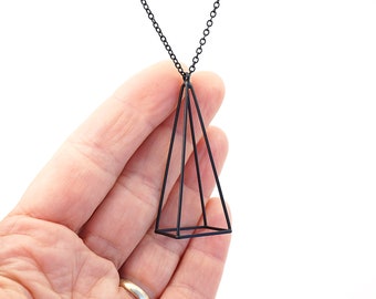 ON VACATION, 3D Pendant Tall Cube Triangle Pyramid Necklace, Long Thin Black Chain, Minimal Geometric Modern Simple Jewelry Gift for her him
