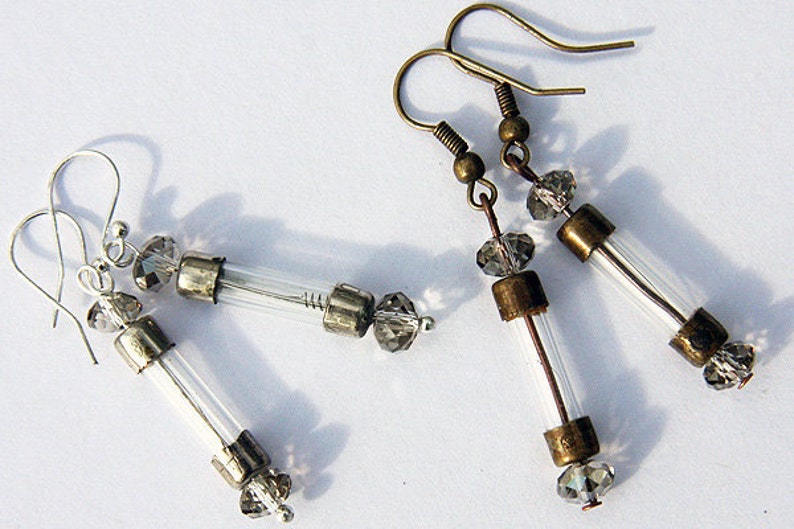 ON VACATION, Antique Fuse Steampunk Earrings Wearable Tech Glass Tube Earrings Upcycled recycled Electronic Computer Part image 4