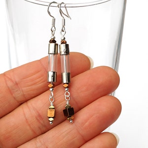 ON VACATION, Antique Fuse Glass Tube Earrings, Copper Hematite Cube Wearable Tech Upcycled Recycled Electronic Computer Part, Techie image 4
