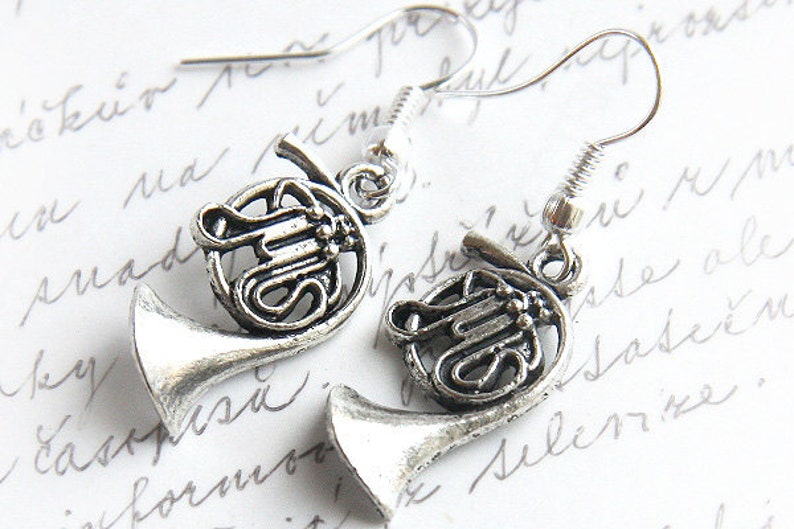 ON VACATION, Music Earrings Steampunk Silver French horn Music Gift for Teacher Musician Jazz Band Orchestra unique eco friendly image 2