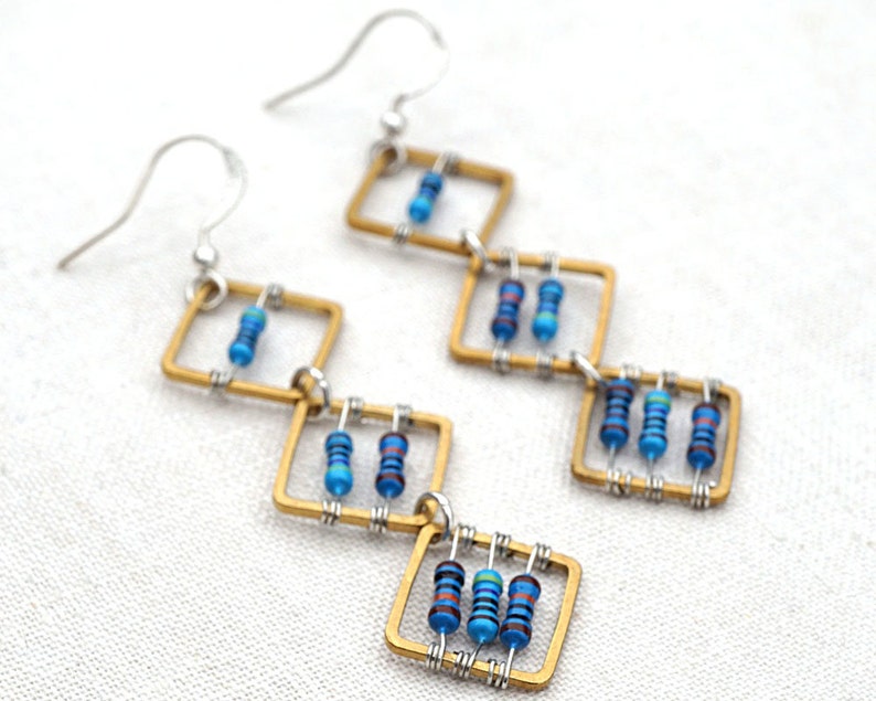 Geometric Computer Earrings Tiny Blue Resistors Wearable Tech Recycled Electronic Techie unique eco friendly image 5