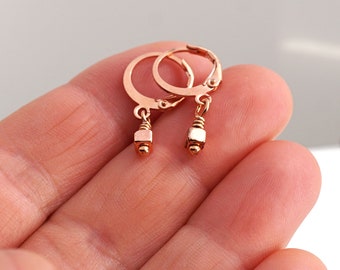 ON VACATION, Tiny Rose Gold Earrings, Petite Hematite Cube Tech Steampunk Geometric Small Lever Back Minimal Modern Man Geek Jewelry