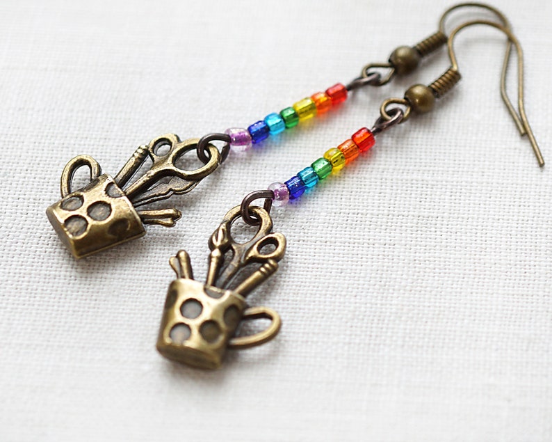 ON VACATION, Artist Earrings Rainbow Paintbrush Scissors Pencil eco friendly gift for Teacher Painter Back to School steampunk lgbt image 2