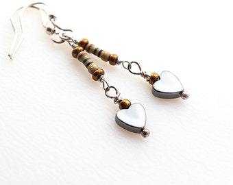 ON VACATION, Tiny Resistor Earrings, Black Hematite Heart, Wearable Tech Upcycled Recycled Electronic Computer Part, Techie