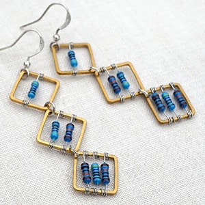 Geometric Computer Earrings Tiny Blue Resistors Wearable Tech Recycled Electronic Techie unique eco friendly image 4
