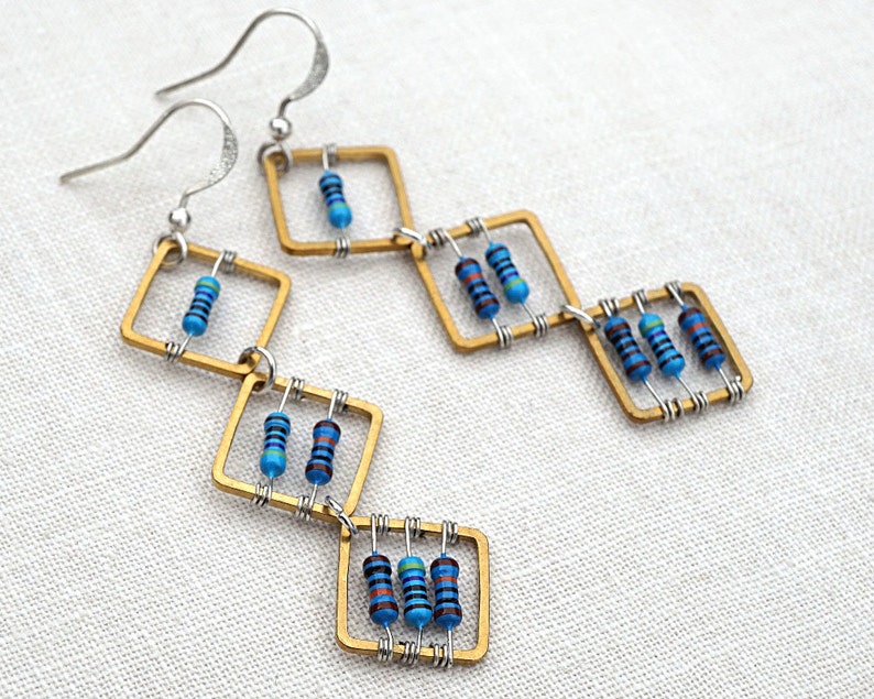 Geometric Computer Earrings Tiny Blue Resistors Wearable Tech Recycled Electronic Techie unique eco friendly image 4