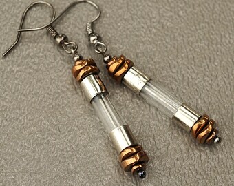 Antique Fuse Glass Tube Earrings, Copper Hematite, Wearable Tech Upcycled Recycled Electronic Computer Part, Techie