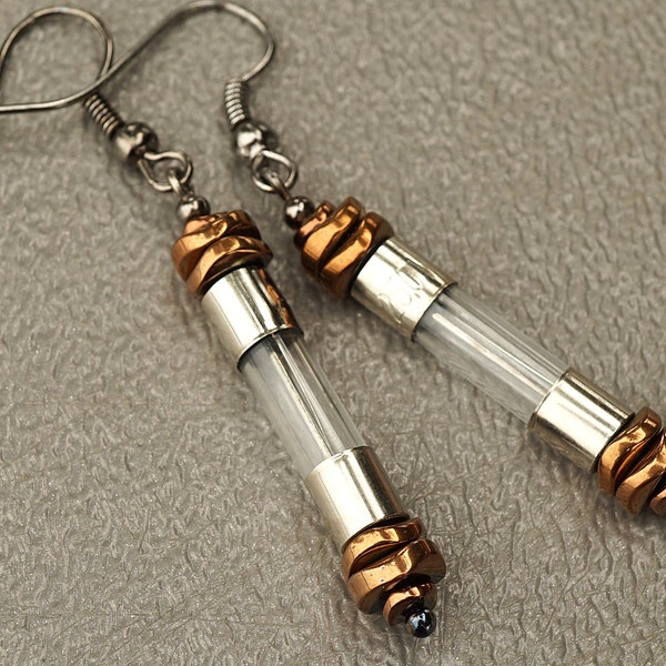 ON VACATION, Antique Fuse Glass Tube Earrings, Copper Hematite, Wearable Tech Upcycled Recycled Electronic Computer Part, Techie