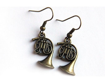 ON VACATION, Music Gift Music Earrings Steampunk Antique Brass French horn Jazz Band Orchestra gift for musician school friend