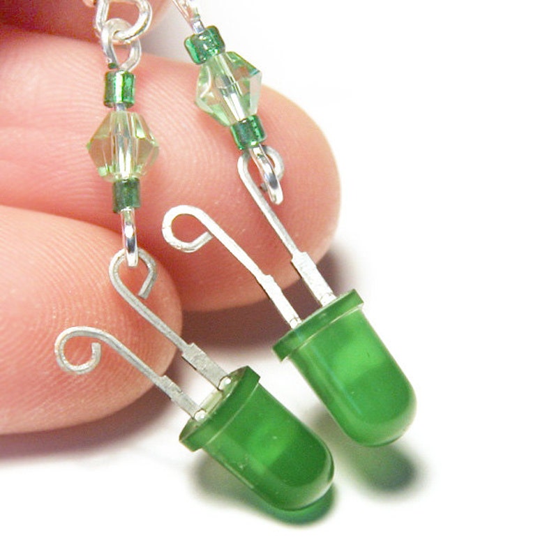 ON VACATION, Bright Green Wearable Tech LED Earrings Diode Recycled Electronic Computer Jewelry Long Chain unique eco friendly image 3