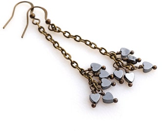 ON VACATION, Steampunk Earrings, Many Tiny Black Hematite Hearts, Long Cluster Chains, Petite Wire-wrapped Charms