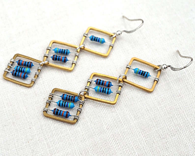 Geometric Computer Earrings Tiny Blue Resistors Wearable Tech Recycled Electronic Techie unique eco friendly image 1